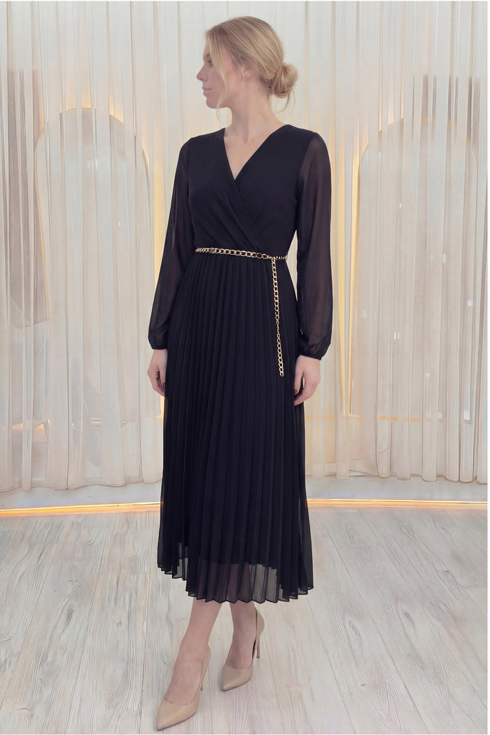 Siyah Kruvaze Yaka Piliseli Kemerli Midi Boy Elbise 