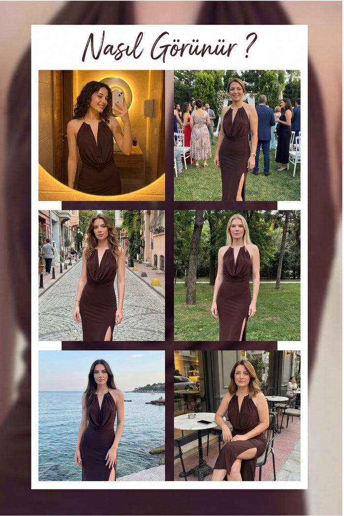 Kahverengi Gold Aksesuarlı Degaje Yaka Yırtmaçlı Midi Boy Elbise 