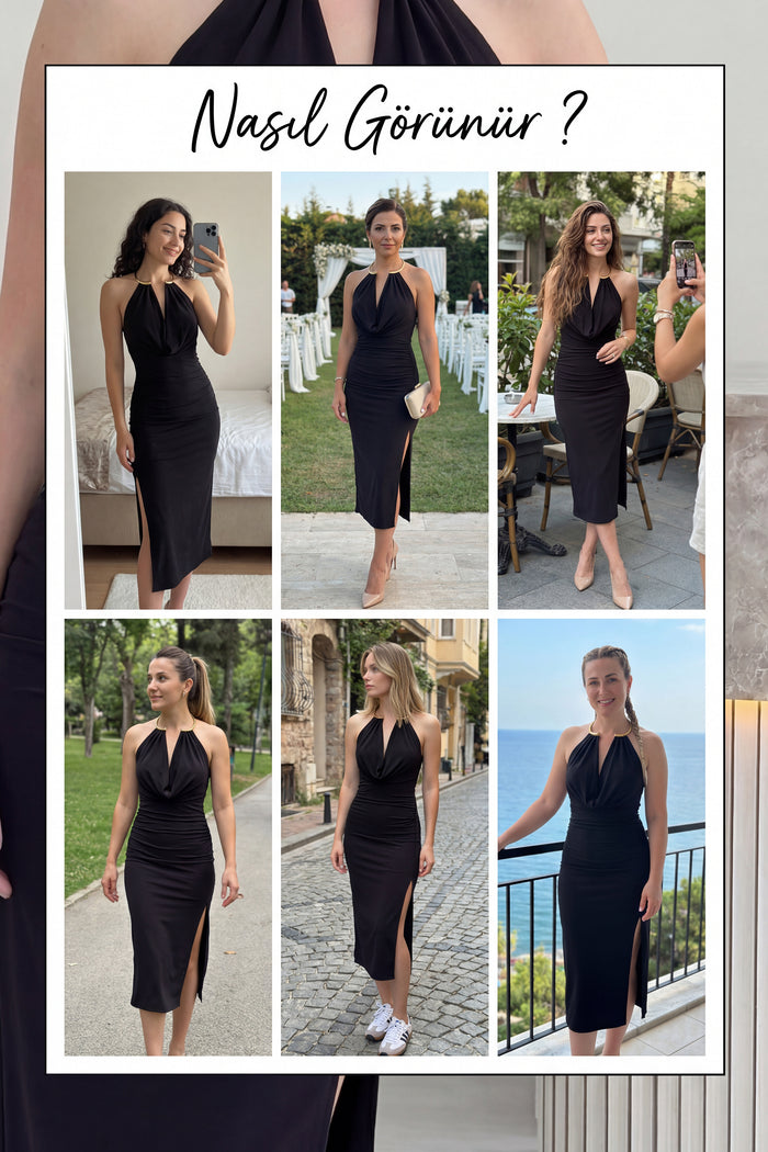 Siyah Gold Aksesuarlı Degaje Yaka Yırtmaçlı Midi Boy Elbise 