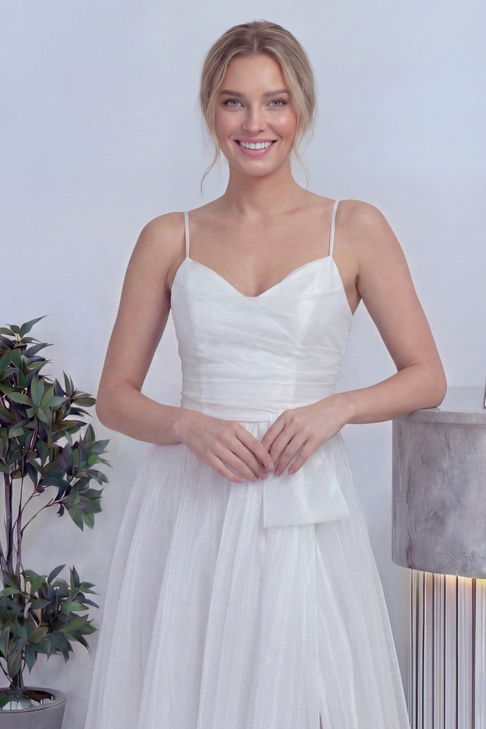 Kadın Beyaz Askılı Yırtmaçlı Nikah Abiye Elbise