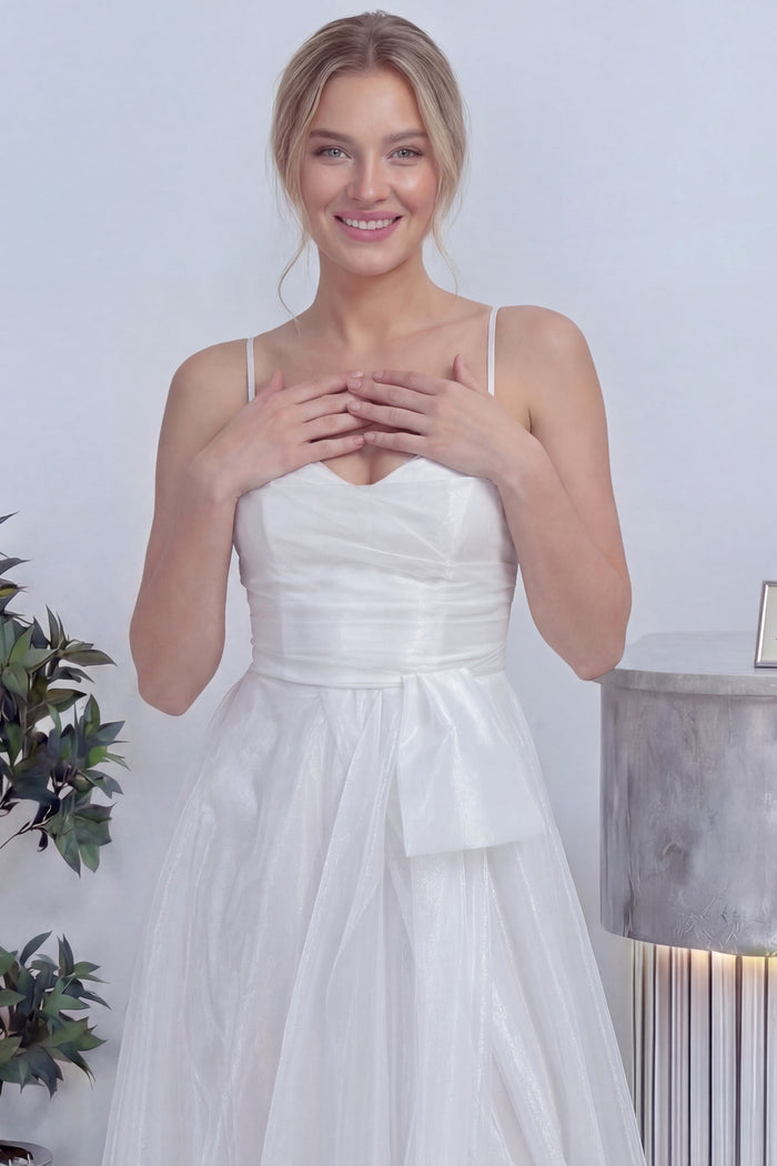 Kadın Beyaz Askılı Yırtmaçlı Nikah Abiye Elbise