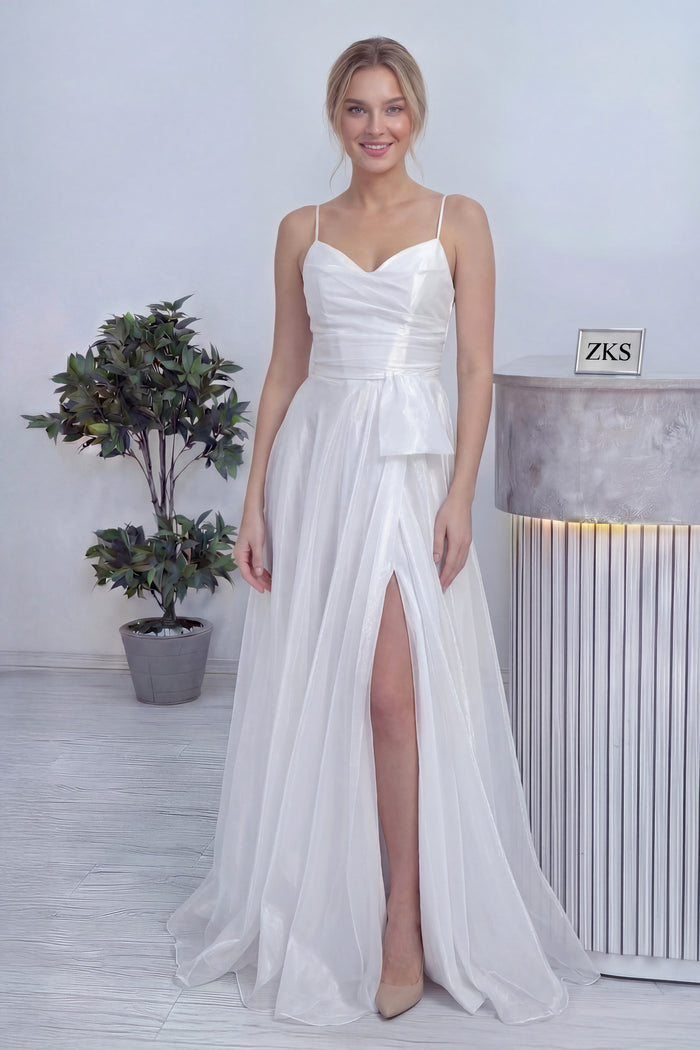 Kadın Beyaz Askılı Yırtmaçlı Nikah Abiye Elbise