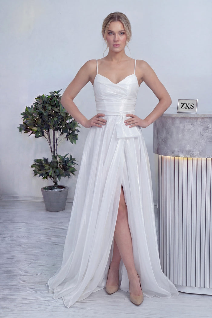 Kadın Beyaz Askılı Yırtmaçlı Nikah Abiye Elbise