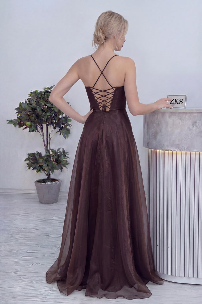 Kadın Kahverengi Askılı Yırtmaçlı Abiye Elbise 