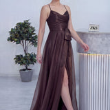 Kadın Kahverengi Askılı Yırtmaçlı Abiye Elbise