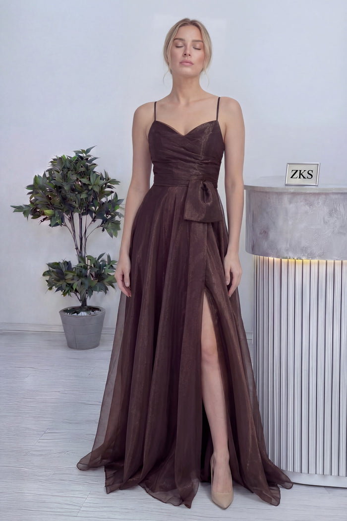 Kadın Kahverengi Askılı Yırtmaçlı Abiye Elbise 