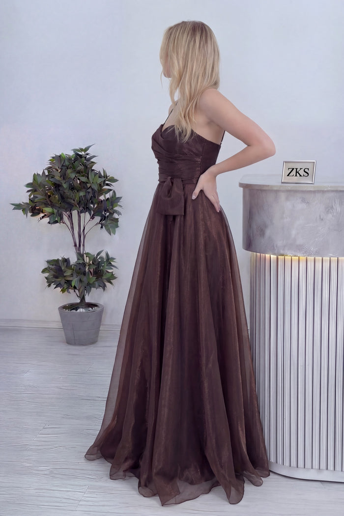 Kadın Kahverengi Askılı Yırtmaçlı Abiye Elbise 