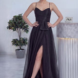 Kadın Siyah Askılı Yırtmaçlı Abiye Elbise