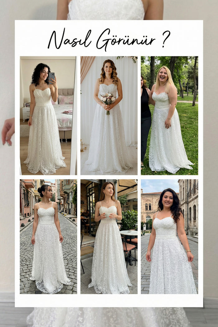 Beyaz Askılı Transparan Simli Dantelli Nikah Abiye Elbise 