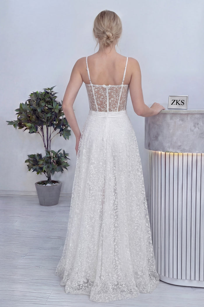 Beyaz Askılı Transparan Simli Dantelli Nikah Abiye Elbise 