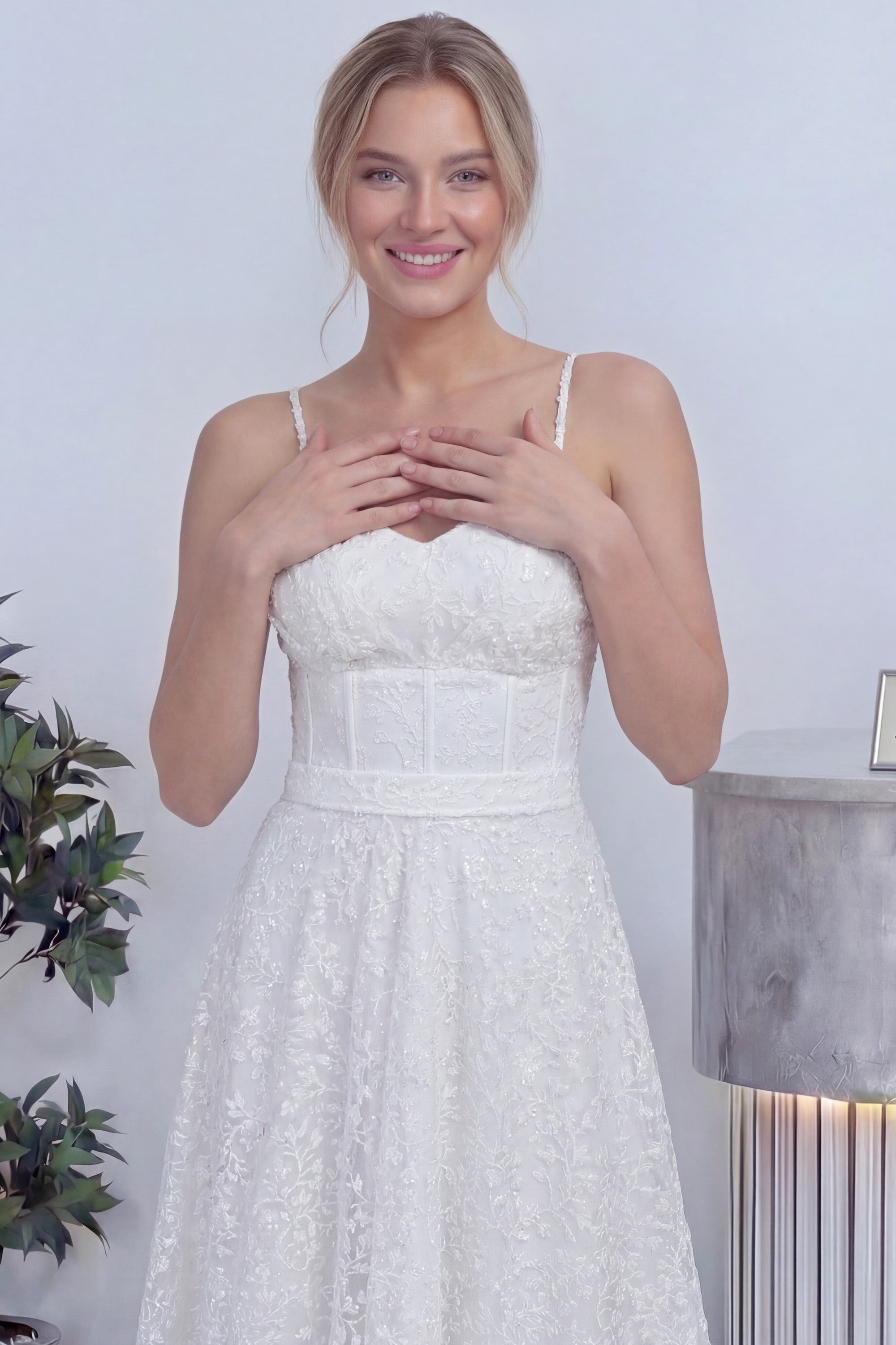 Beyaz Askılı Transparan Simli Dantelli Nikah Abiye Elbise 