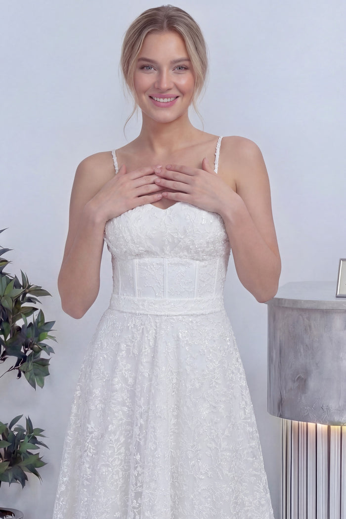 Beyaz Askılı Transparan Simli Dantelli Nikah Abiye Elbise 