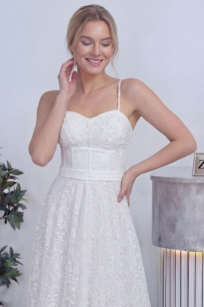 Beyaz Askılı Transparan Simli Dantelli Nikah Abiye Elbise 