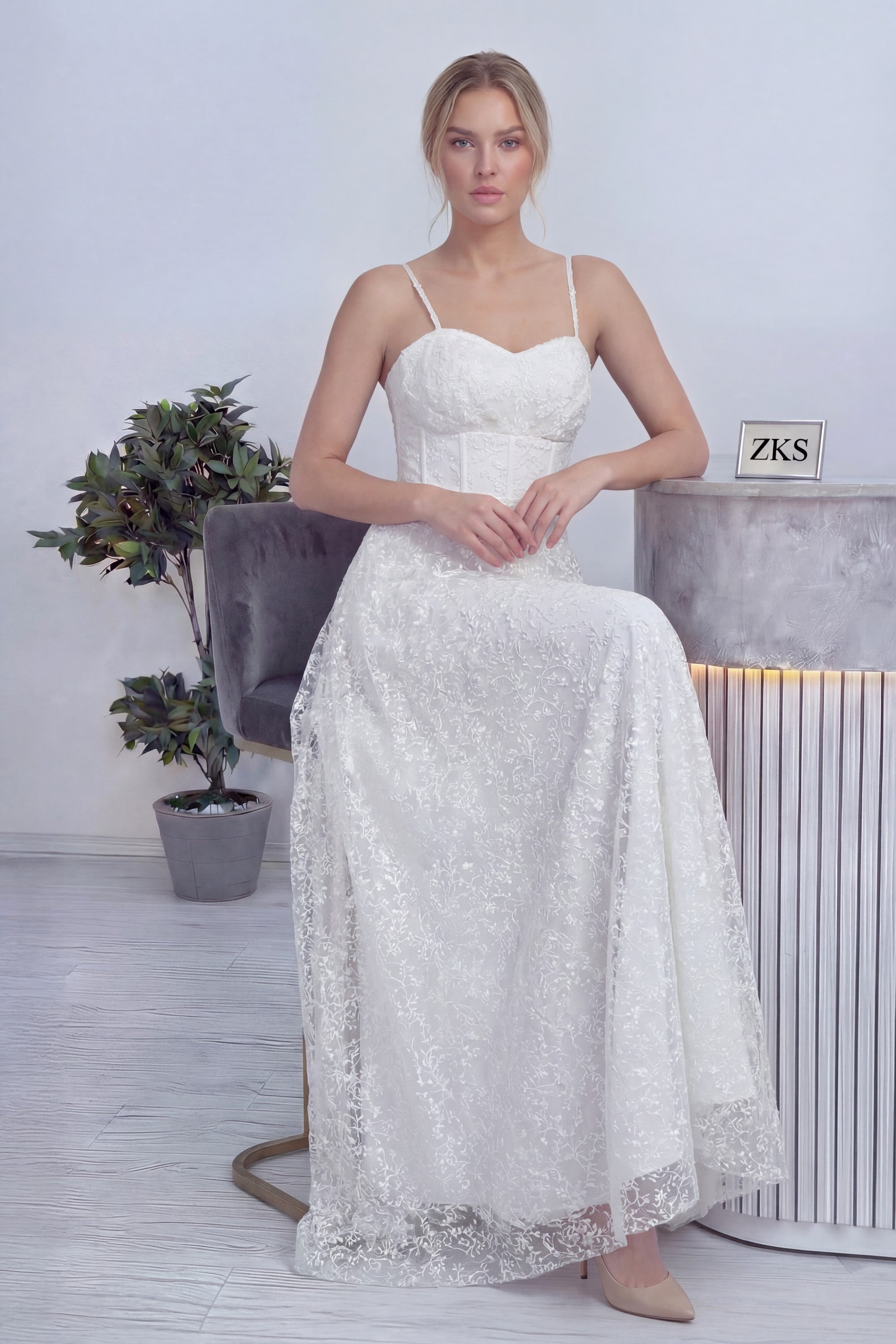 Beyaz Askılı Transparan Simli Dantelli Nikah Abiye Elbise 