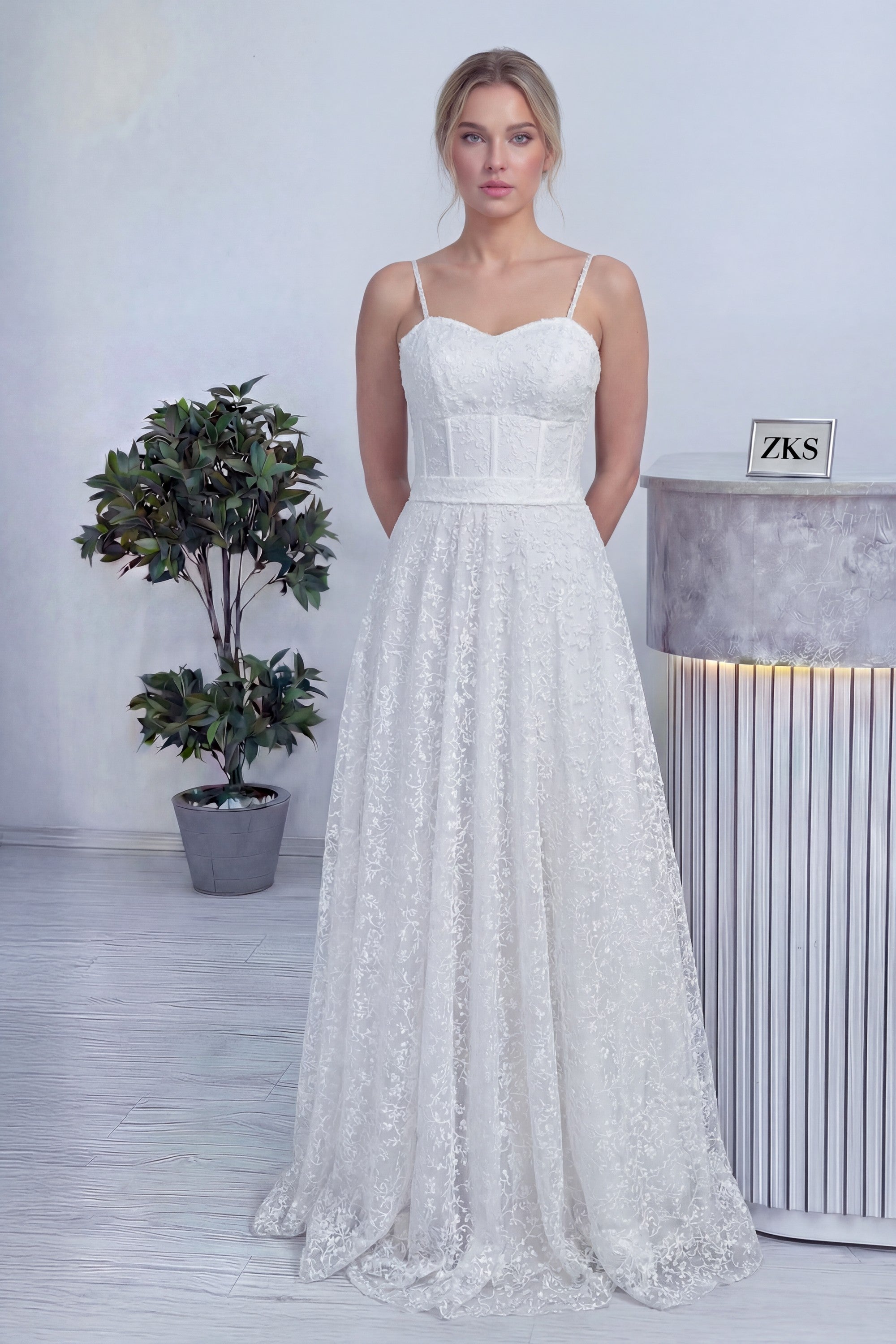 Beyaz Askılı Transparan Simli Dantelli Nikah Abiye Elbise 