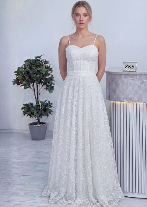 Beyaz Askılı Transparan Simli Dantelli Nikah Abiye Elbise