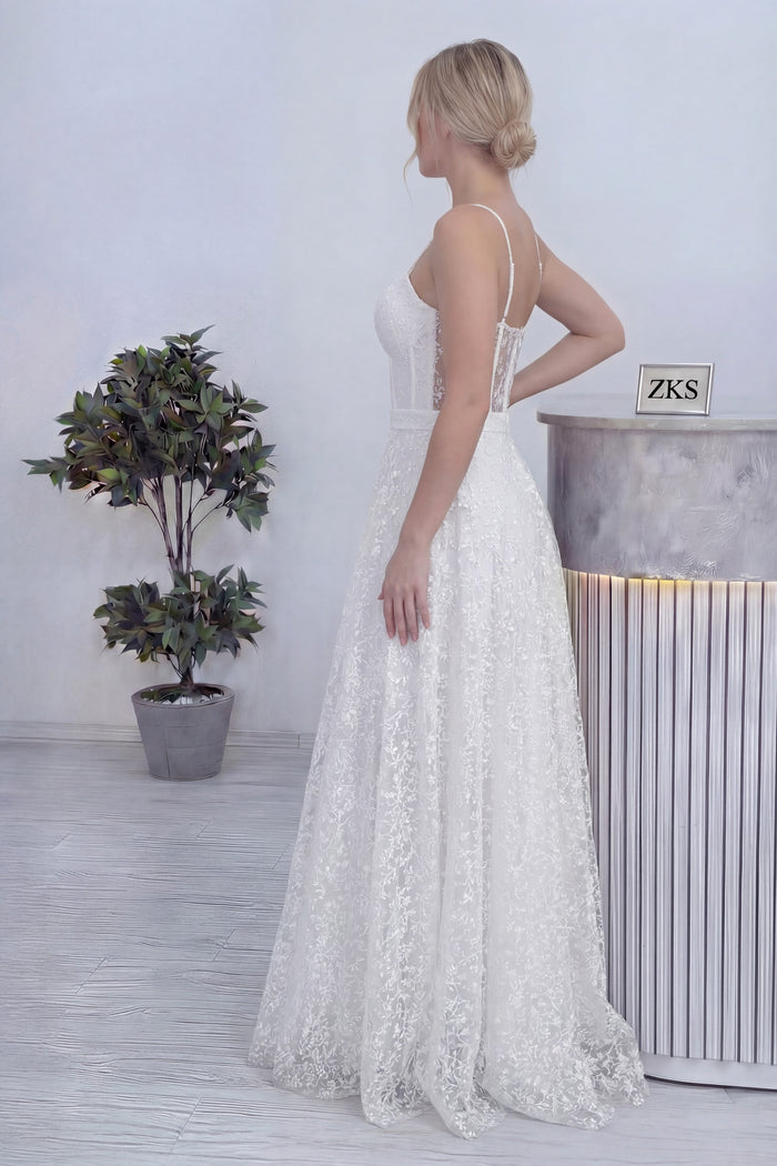 Beyaz Askılı Transparan Simli Dantelli Nikah Abiye Elbise 