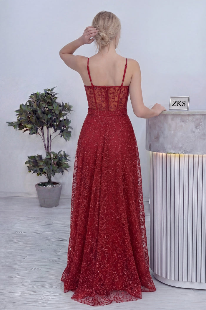 Kırmızı Askılı Transparan Simli Dantelli Abiye Elbise