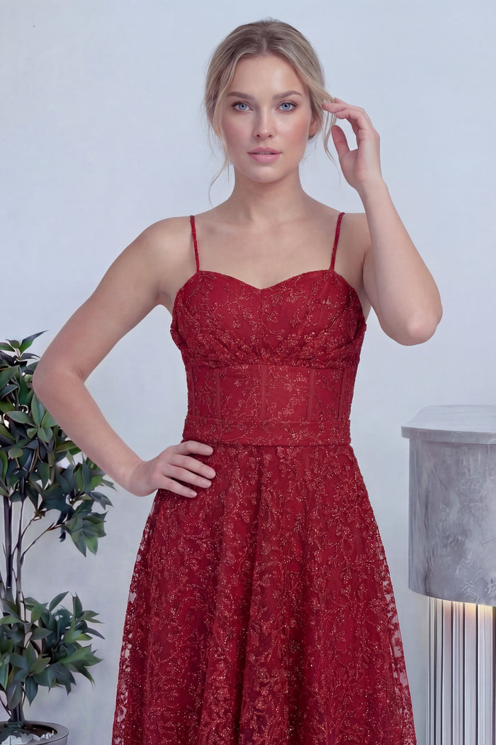 Kırmızı Askılı Transparan Simli Dantelli Abiye Elbise