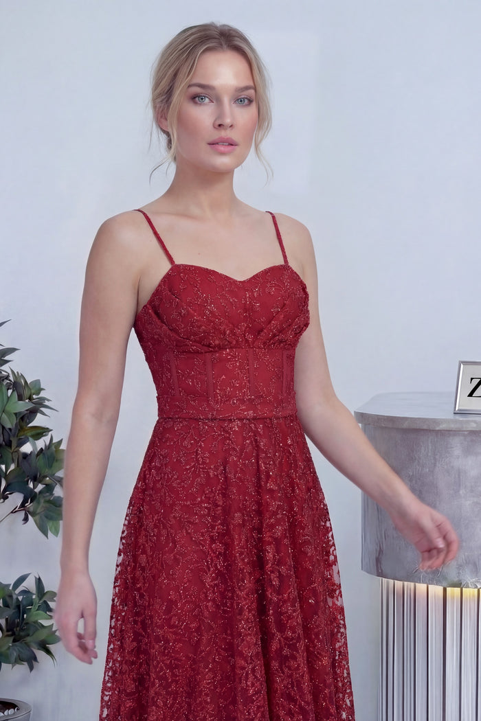 Kırmızı Askılı Transparan Simli Dantelli Abiye Elbise