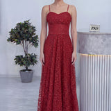 Kırmızı Askılı Transparan Simli Dantelli Abiye Elbise