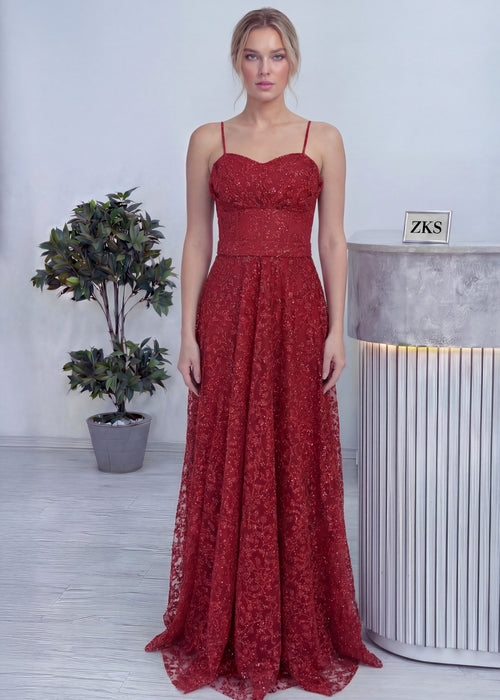Kırmızı Askılı Transparan Simli Dantelli Abiye Elbise