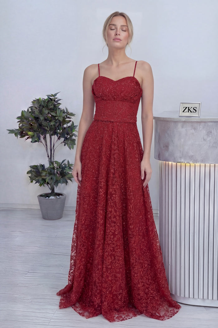 Kırmızı Askılı Transparan Simli Dantelli Abiye Elbise