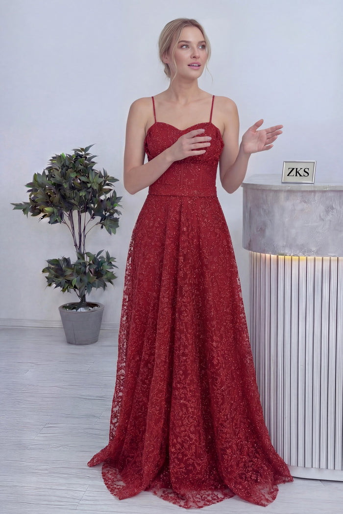 Kırmızı Askılı Transparan Simli Dantelli Abiye Elbise