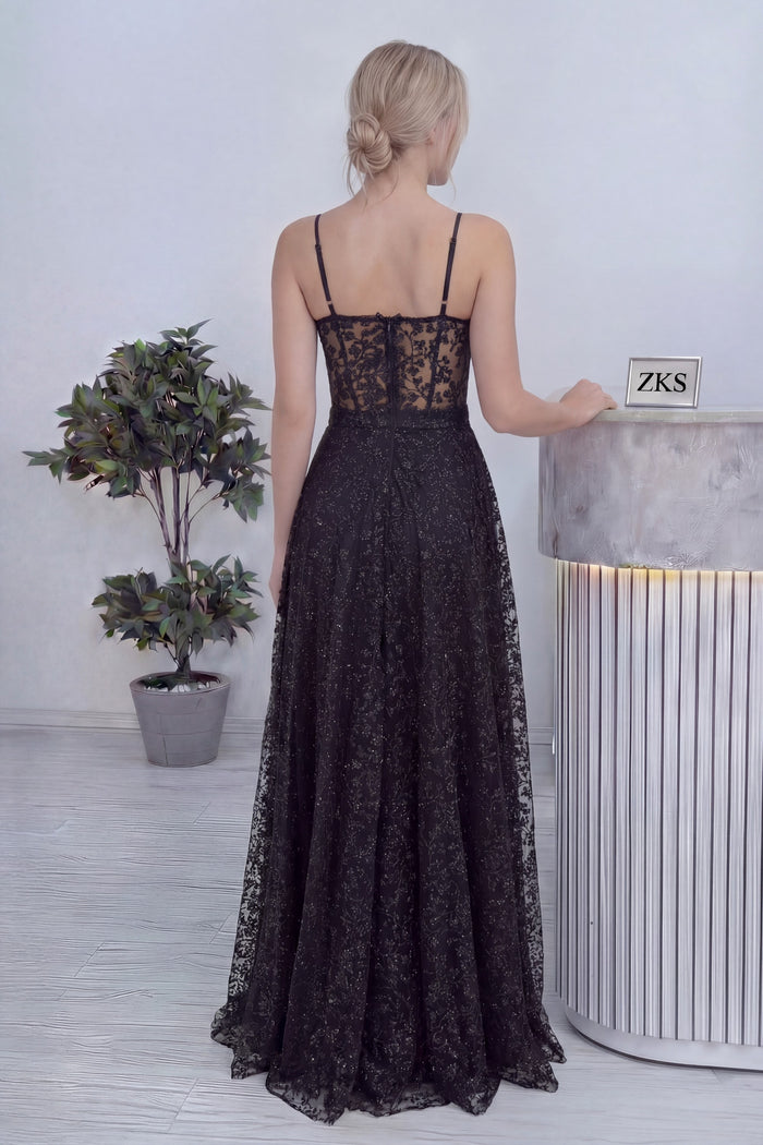 Siyah Askılı Transparan Simli Dantelli Abiye Elbise