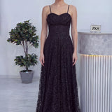 Siyah Askılı Transparan Simli Dantelli Abiye Elbise