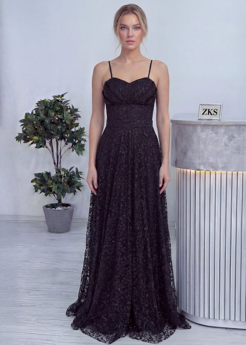 Siyah Askılı Transparan Simli Dantelli Abiye Elbise