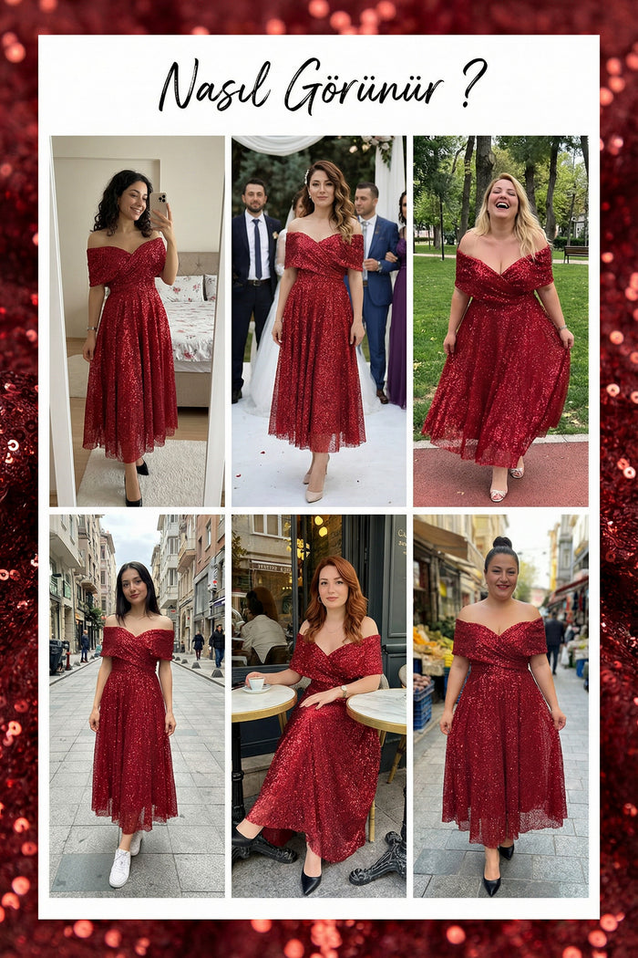 Kırmızı Düşük Omuz Pullu Midi Boy Abiye Elbise 