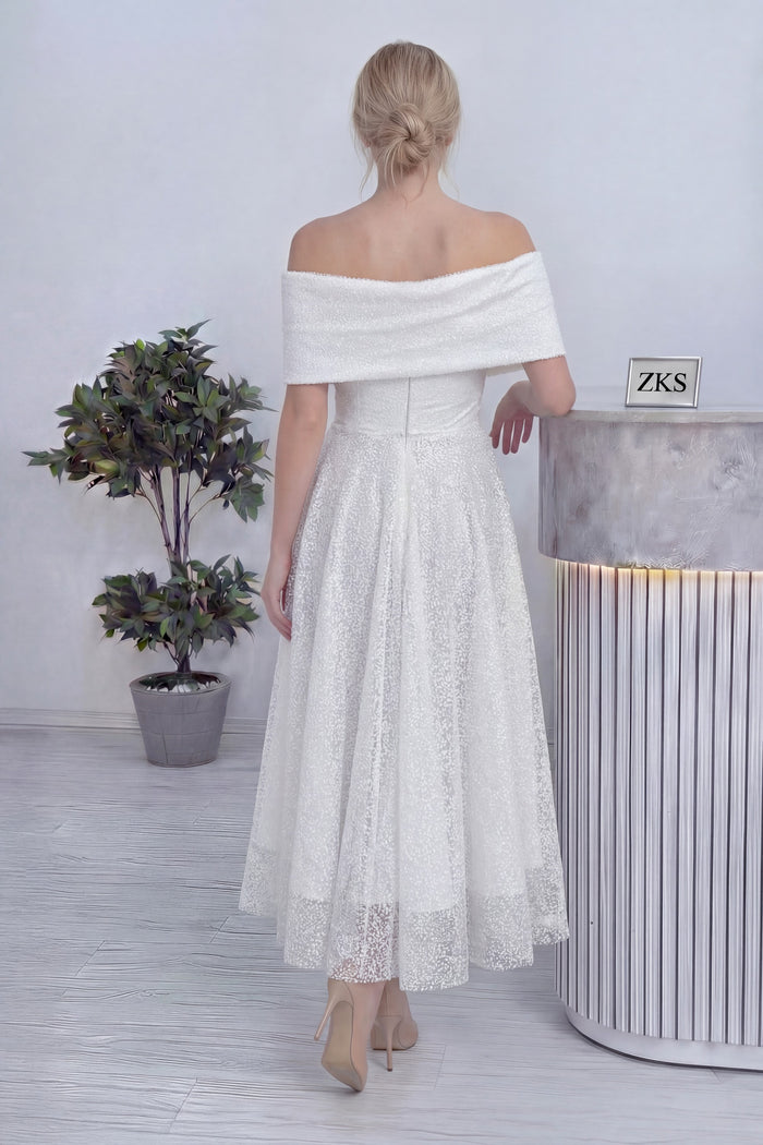 Beyaz Düşük Omuz Pullu Midi Boy Nikah Abiye Elbise 