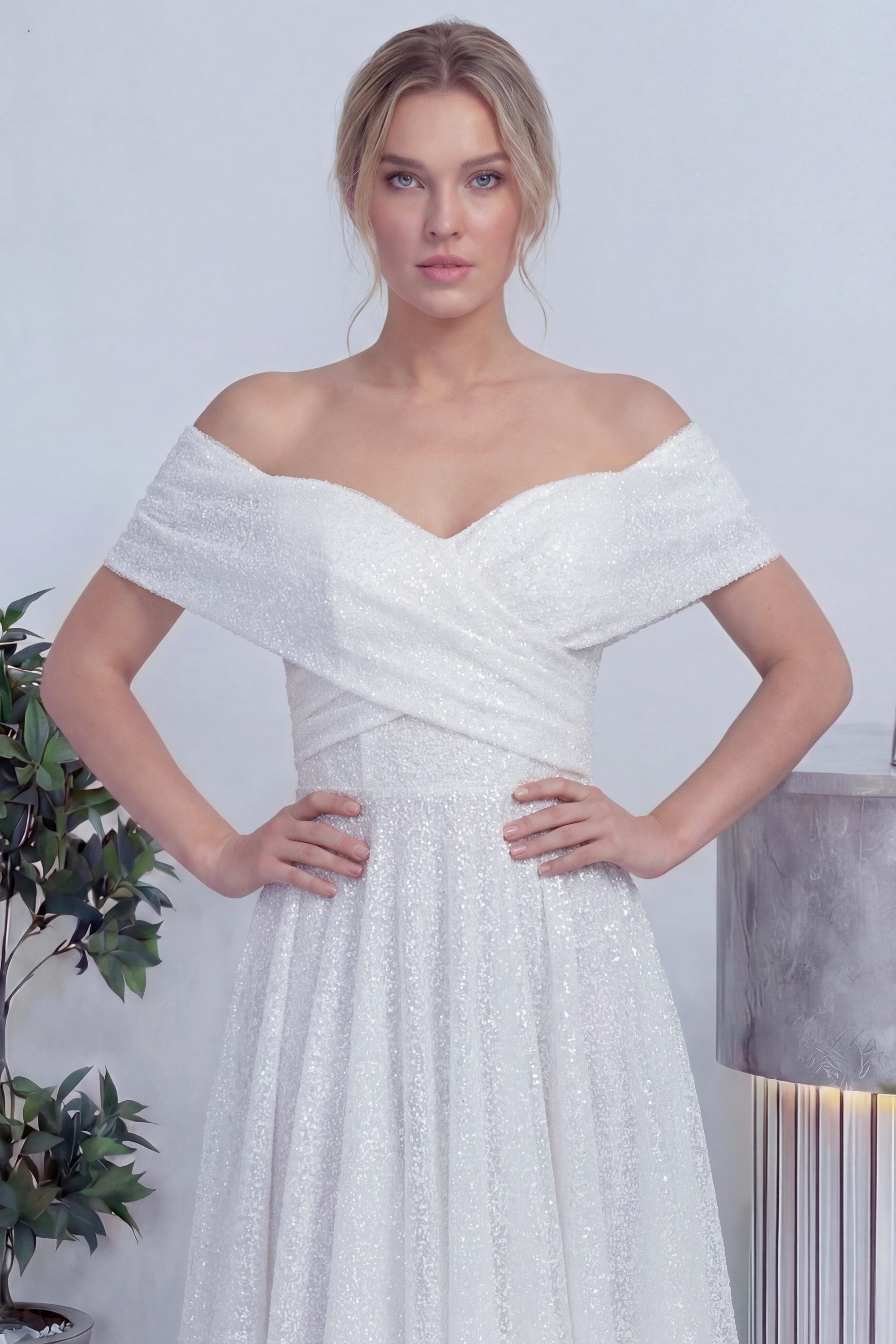 Beyaz Düşük Omuz Pullu Midi Boy Nikah Abiye Elbise 