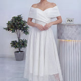 Beyaz Düşük Omuz Pullu Midi Boy Nikah Abiye Elbise