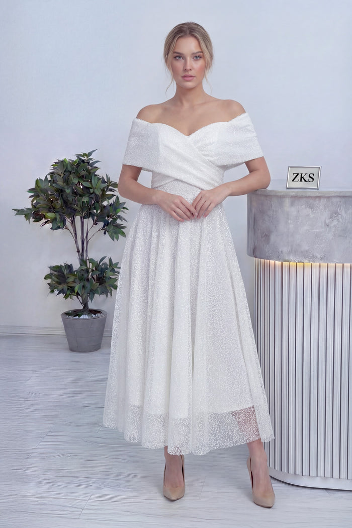 Beyaz Düşük Omuz Pullu Midi Boy Nikah Abiye Elbise 