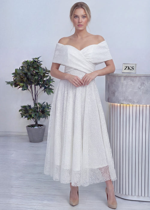 Beyaz Düşük Omuz Pullu Midi Boy Nikah Abiye Elbise