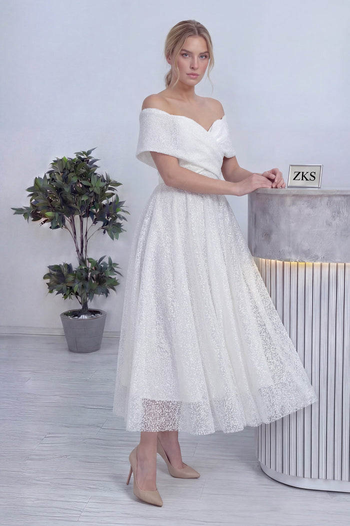 Beyaz Düşük Omuz Pullu Midi Boy Nikah Abiye Elbise 