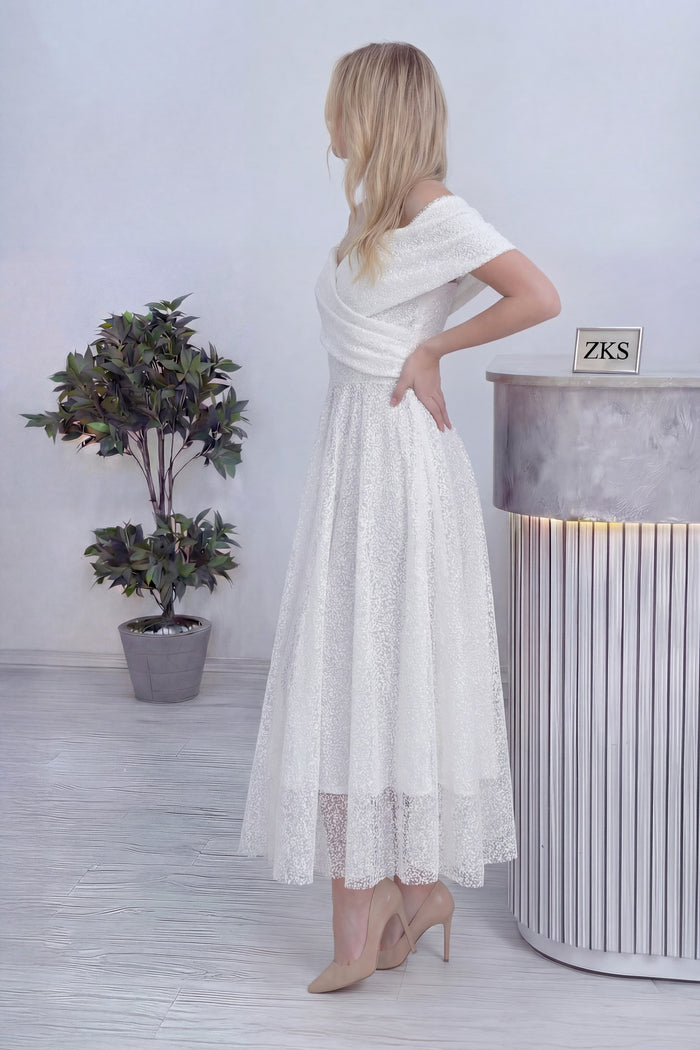 Beyaz Düşük Omuz Pullu Midi Boy Nikah Abiye Elbise 