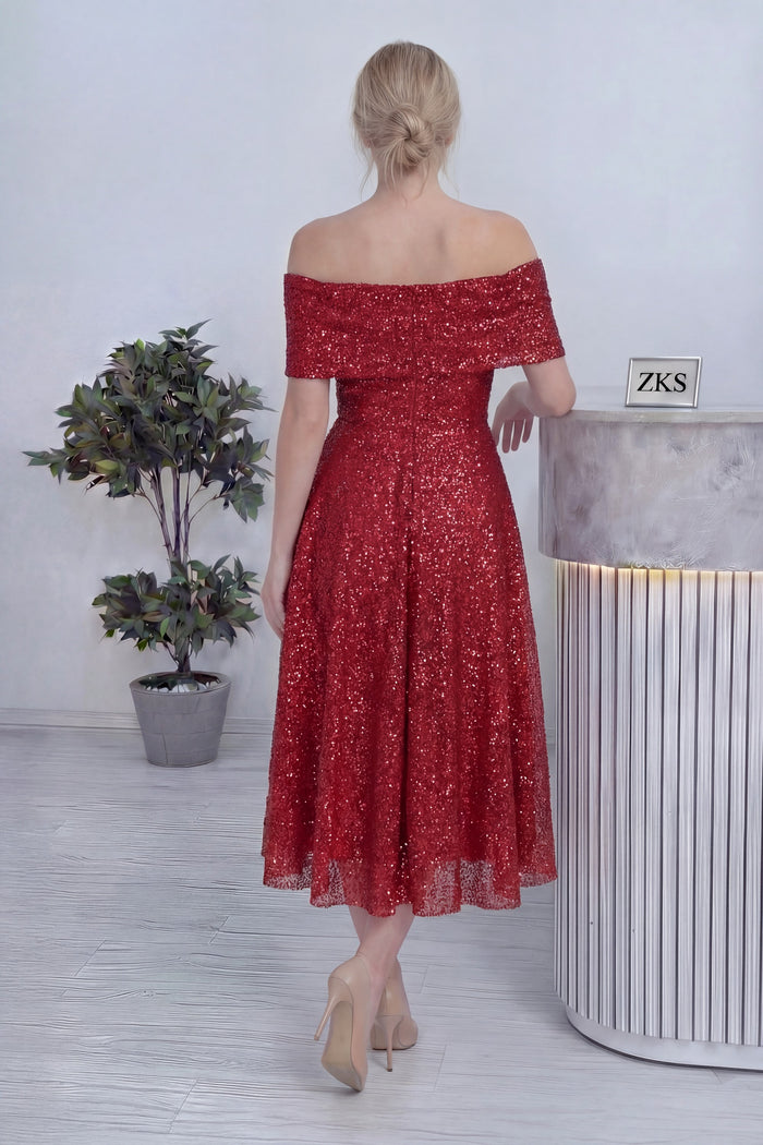 Kırmızı Düşük Omuz Pullu Midi Boy Abiye Elbise 