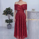 Kırmızı Düşük Omuz Pullu Midi Boy Abiye Elbise