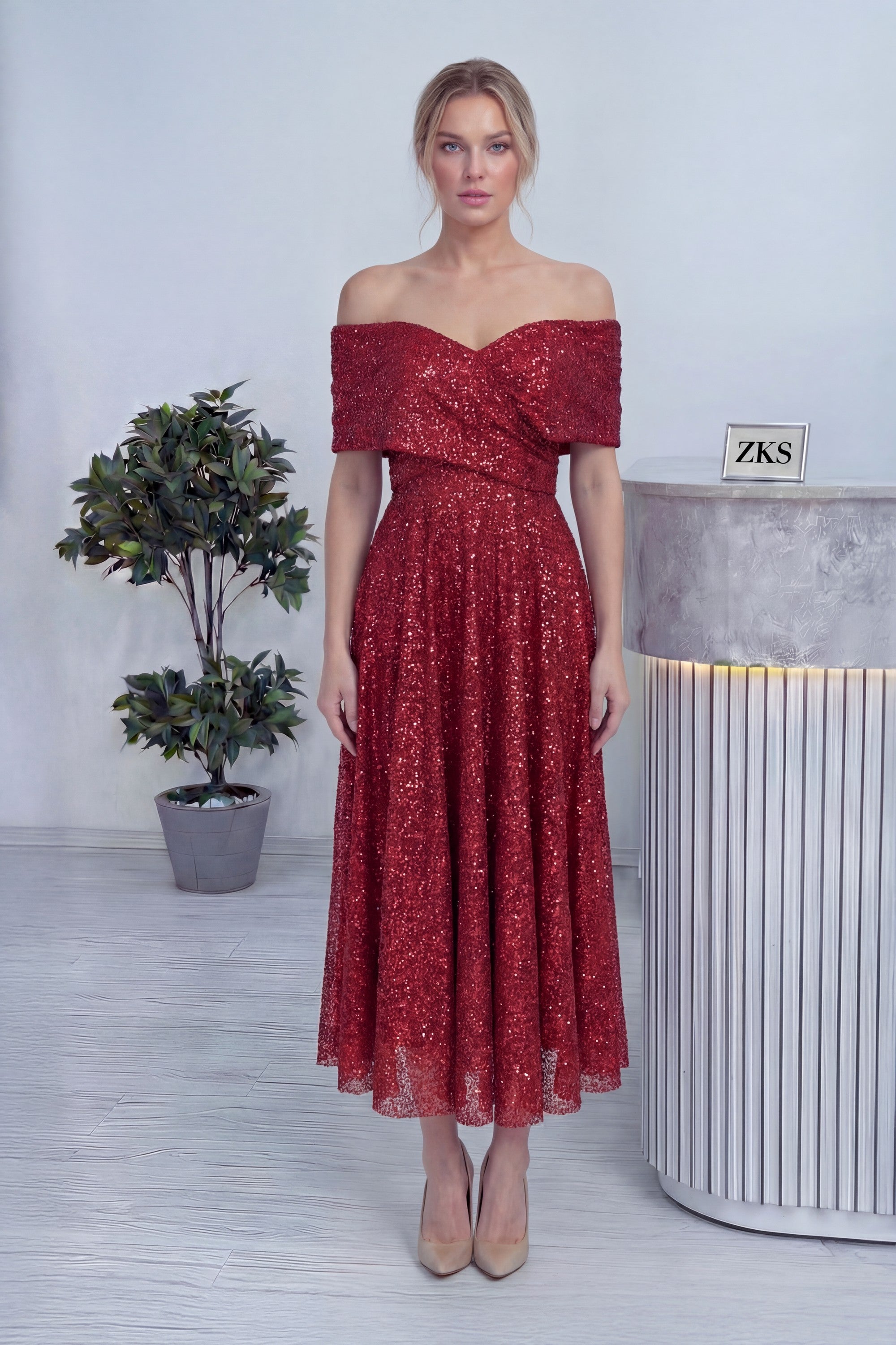 Kırmızı Düşük Omuz Pullu Midi Boy Abiye Elbise 