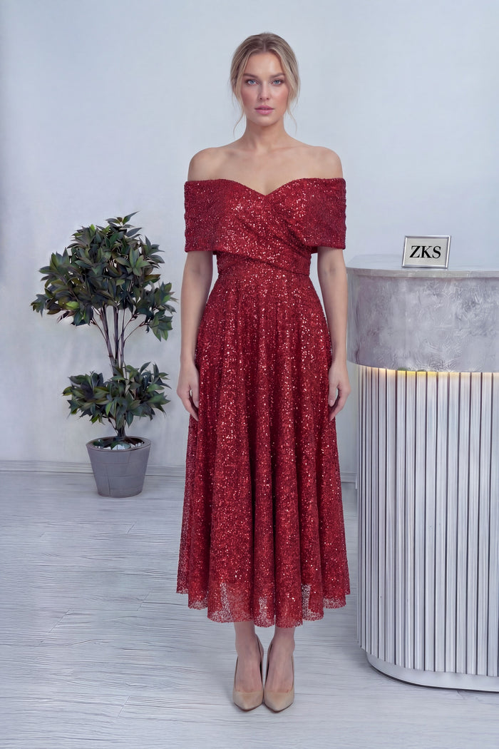 Kırmızı Düşük Omuz Pullu Midi Boy Abiye Elbise 