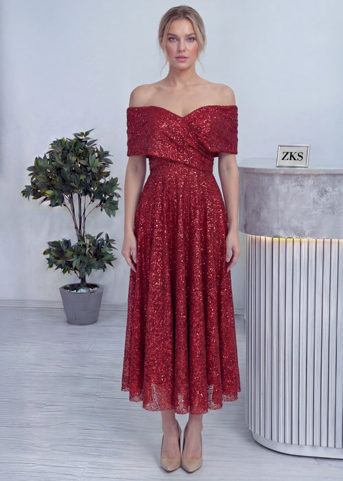 Kırmızı Düşük Omuz Pullu Midi Boy Abiye Elbise