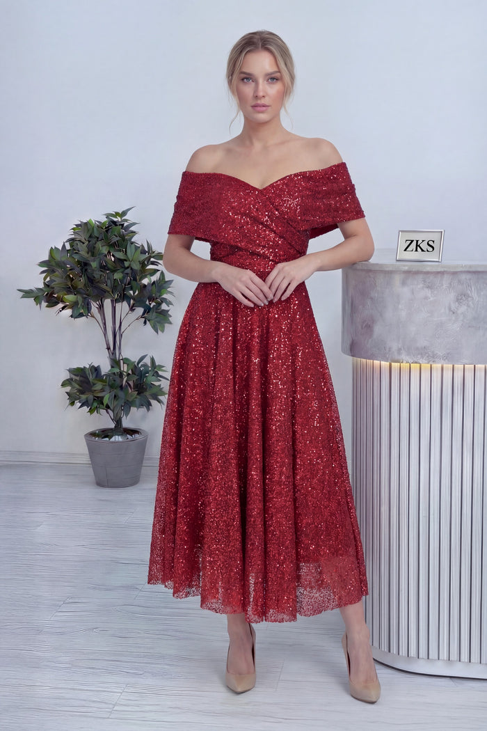 Kırmızı Düşük Omuz Pullu Midi Boy Abiye Elbise 