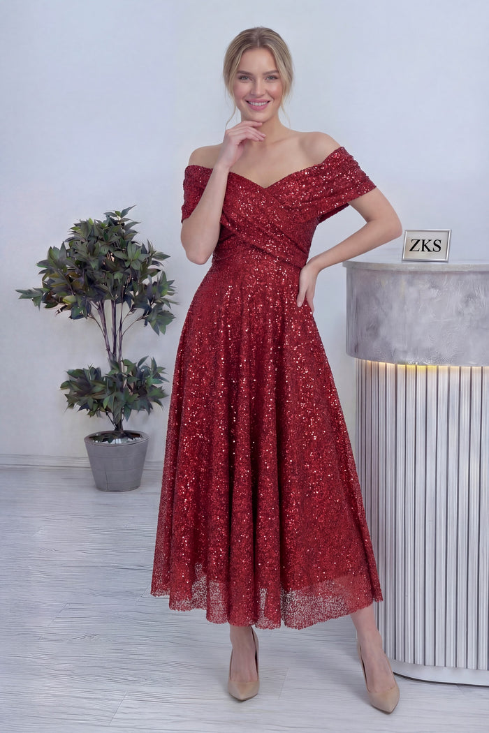 Kırmızı Düşük Omuz Pullu Midi Boy Abiye Elbise 