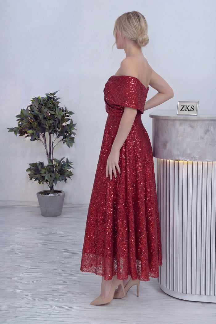 Kırmızı Düşük Omuz Pullu Midi Boy Abiye Elbise 