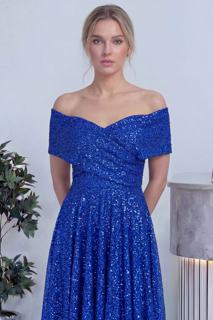 Saks Düşük Omuz Pullu Midi Boy Abiye Elbise