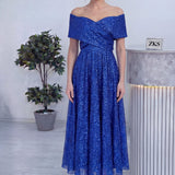 Saks Düşük Omuz Pullu Midi Boy Abiye Elbise