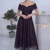 Siyah Düşük Omuz Pullu Midi Boy Abiye Elbise